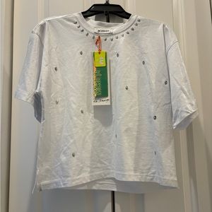 NWT Atelier Re Design Skull Silver Shimmer Stud Shirt Crop Size XS 💀